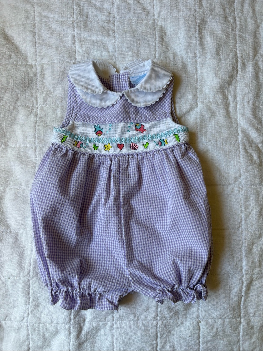 Vintage A Little Angel Lilac Gingham Smocked Baby Bubble Romper Peter Pan Collar